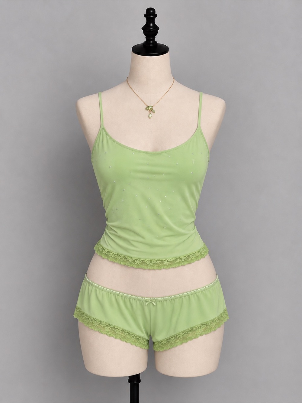 🍒3/33$ Vintage SET Y2K Light Green Sheer Lace-Trim Cami & Short Sleep